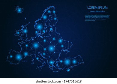 Abstract image Europe map - With Blue Glow Dots And Lines On Dark Gradient Background, 3D Mesh Polygon Network Connection, Vector Illustration Eps 10.
