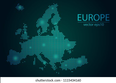 Abstract Image Europe Map From Pixel Emerald Green and Glowing Stars on a Dark Background. Vector illustration Eps 10.