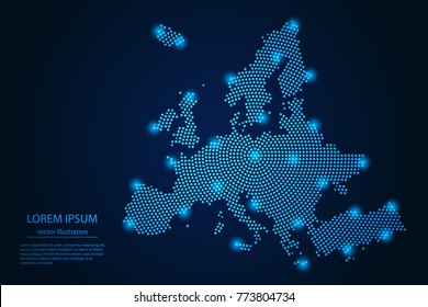 Abstract Image Europe Map From Point Blue And Glowing Stars On A Dark Background. Vector Illustration. Vector Eps 10.