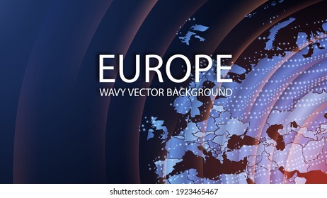 Abstract image of Europe in perspective on a dark background. Vector. The contours of European countries in the form of a wavy structure. 3D effect with glow and blur. Volumetric radial circles. 