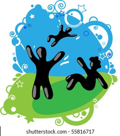 Abstract image of the family playing on the lawn. Vector.