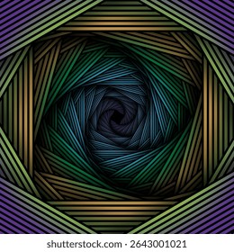 A imagem abstrata apresenta uma espiral dinâmica composta de numerosas linhas paralelas, criando uma ilusão convincente de profundidade e movimento. Padrão de zentangle.