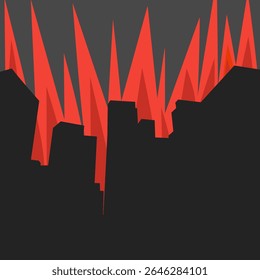 An abstract image features a jagged, vibrant red design resembling spikes or flames against a dark, somber background, creating a striking contrast.