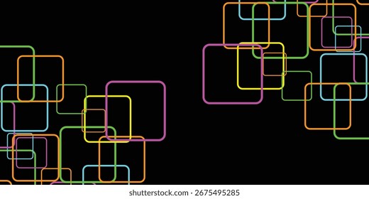 Uma imagem abstrata apresenta quadrados sobrepostos multicoloridos em um plano de fundo preto. Os quadrados são organizados em dois clusters distintos, criando um...