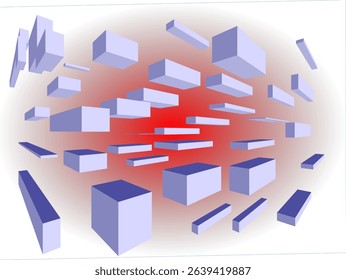 
An abstract image features numerous light purple rectangular blocks floating in a space with a bright red glow at the center, fading to white at the edges.
