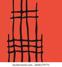 Abstract image featuring a black grid-like structure against a vibrant red background, creating a bold and minimalist design.
