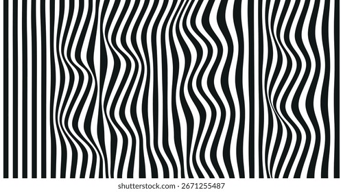 Imagem abstrata com listras onduladas em preto e branco criando uma ilusão óptica de movimento e profundidade.  O padrão é composto de linhas verticais que...
