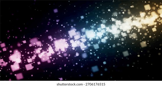 Abstract image featuring colorful bokeh effect with square shapes and dots, creating a vibrant and dynamic visual.