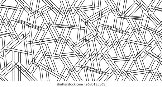 An abstract image featuring a complex pattern of interconnected black lines forming geometric shapes, primarily triangles and quadrilaterals, on a white back...