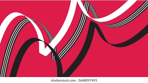 Abstract image featuring curved black, white, and striped ribbons against a red background.