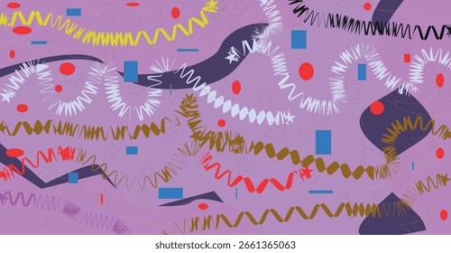 An abstract image featuring a dynamic composition of wavy lines, spiky shapes, and scattered dots in various colors on a lavender background.  The design is ...