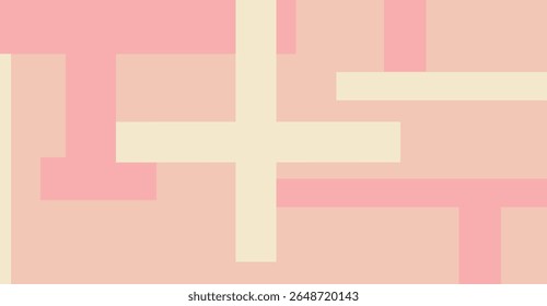 Uma imagem abstrata com um padrão geométrico de interseção de retângulos rosa e amarelo pálido sobre um fundo de pêssego.  O design cria um moderno, minimali...