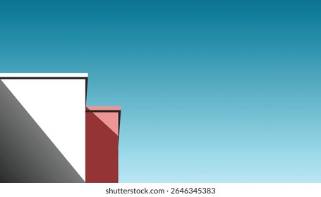 An abstract image featuring geometric shapes, including a large white and gray form and a smaller red form, positioned at the bottom left against a teal-to-light-blue gradient background.