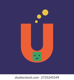 Una Imagen abstracta con un personaje en forma de U de color naranja con una cara sonriente verde y puntos amarillos por encima, sobre un fondo azul oscuro.
