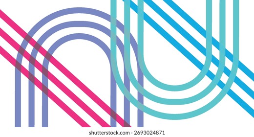 Imagen Abstractas con líneas de colores superpuestos y arcos sobre un fondo blanco.