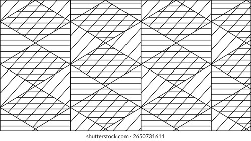 Uma imagem abstrata apresentando um padrão repetitivo de interseção de linhas pretas criando uma série de formas de losango em um plano de fundo branco.  As linhas criam um i...