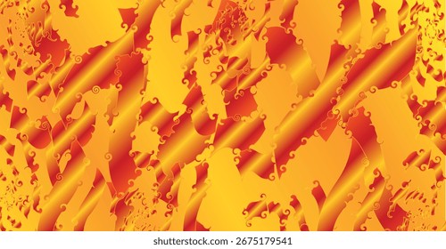 An abstract image featuring a repeating pattern of stylized figures, possibly representing flames or flowing hair, in shades of orange and red against a yell...