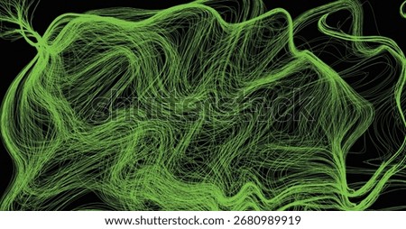 An abstract image featuring a swirling mass of thin, lime-green lines on a black background. The lines intertwine and create a dynamic, flowing composition.