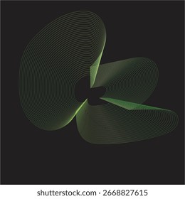 An abstract image featuring three overlapping, swirling, green line-art shapes against a black background.  The lines create a sense of movement and depth.
