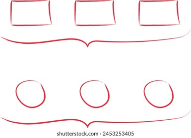 Abstract image featuring three rectangular shapes aligned horizontally at the top and three circular shapes aligned horizontally at the bottom, all outlined in red.