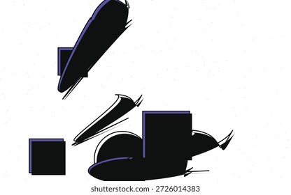 Uma imagem abstrata com várias formas pretas delineadas com roxo real, algumas com acentos brancos. As formas estão espalhadas em um plano de fundo branco com manchas pretas sutis, criando uma composição dinâmica.