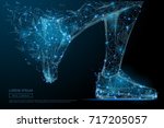 Abstract image of feet in sneakers running low poly in the form of a starry sky or space, consisting of points, lines, and shapes in the form of planets, stars and the universe. Vector sport concept.
