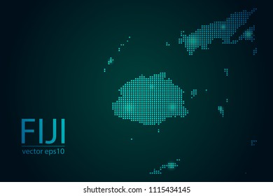 Abstract Image Fiji Map From Pixel Emerald Green and Glowing Stars on a Dark Background. Vector illustration Eps 10.