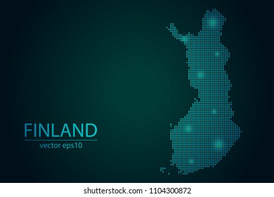 Abstract Image Finland Map From Pixel Emerald Green and Glowing Stars on a Dark Background. Vector illustration Eps 10.