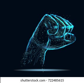 Abstract image of a fist in the form of a starry sky or space, consisting of points, lines, and shapes in the form of planets, stars and the universe. Vector business