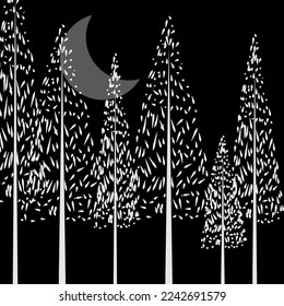 Abstract image of five white pine trees and crescent moon on isolated white background.