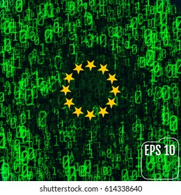 Abstract image of the flag of the European Union against the background of binary code. The world is under attack by hackers