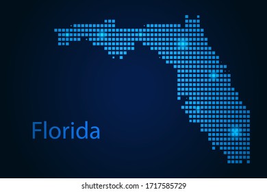 Abstract image Florida map from pixels blue and glowing stars on a dark background. Vector illustration eps 10.