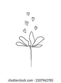 abstract image. the flower has blossomed, opened and a fragrance in the shape of hearts comes out of it. minimal style. vector contour illustration.