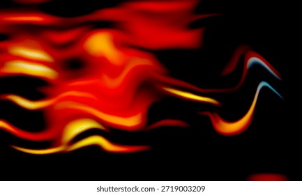 Imagen abstracta con cintas fluidas de rojo, naranja y amarillo sobre un fondo negro profundo. Energético y dinámico, transmite calor, llama,