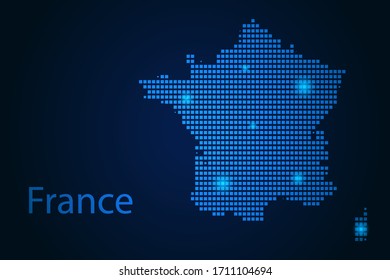 Abstract image France map from pixels blue and glowing stars on a dark background. Vector illustration eps 10.