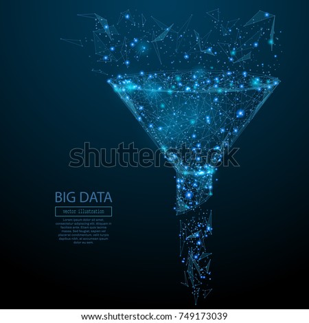 Abstract image of a funnel in the form of a starry sky or space, consisting of points, lines, and shapes in the form of planets, stars and the universe. Vector big data or sales funnel concept.