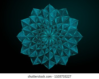 An abstract image of geometric figures in the form of a starry sky or space, consisting of lines, dots and figures in the form of stars on a dark birch background

