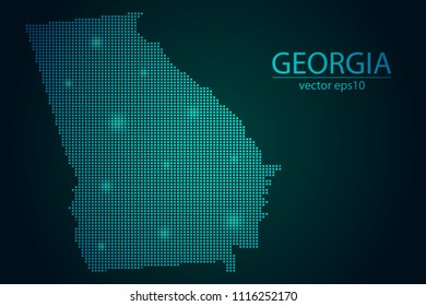 Abstract Image Georgia Map From Pixel Emerald Green and Glowing Stars on a Dark Background. Vector illustration Eps 10.
