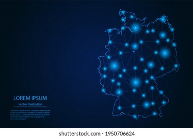 Abstrakte Bild-Deutschland-Karte - mit blauen Glow-Punkten und Linien auf dunklem Farbverlauf-Hintergrund, 3D-Mesh-Polygon-Netzwerkanschluss, Vektorgrafik EPS10.