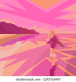 abstract image of a girl dancing on the beach. pink and orange colors