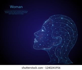 Abstract image of a Girl in the form of a starry sky or space, consisting of points, lines, and shapes in the form of planets, stars and the universe. Low poly vector background.