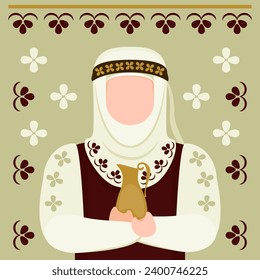 Abstract image of a girl in an Old Slavic costume with a jug in her hands and a light-coloured headdress covering her hair