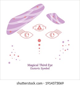Abstract image of girl's face and magical third eye, symbol of soul in esoteric science. Illustration of magic session, look into future. Vector drawing for tarot cards, social pages, groups