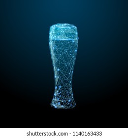 Abstract image of a glass of beer in the form of a starry sky or space, consisting of points, lines, and shapes in the form of planets, stars and the universe. Alcohol vector wireframe