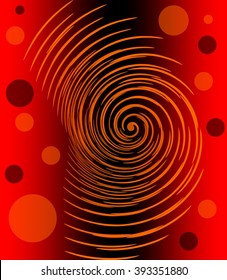 Abstract image with glowing orange spiral and circles on red and black gradient background, fiery infernal emotion