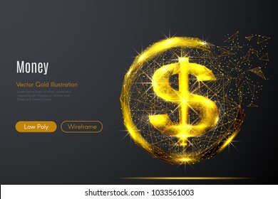 Abstract image of a gold dollar in the form of a starry sky or space, consisting of points, lines, and shapes in the form of planets, stars and the universe. Vector rich life concept.