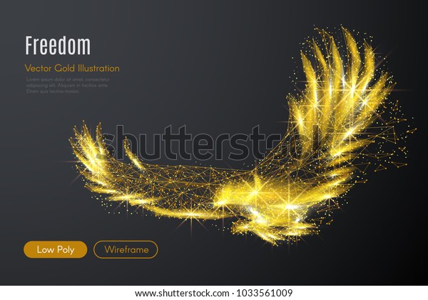 Abstract\
image of a gold eagle of a starry sky or space, consisting of\
points, lines, and shapes in the form of planets, stars and the\
universe. Vector high speed wireframe\
concept.