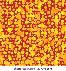 Abstraktes Bild von goldenen Würfeln auf rotem Lavahintergrund. Nahtlose Muster, Vektorgrafik. digitale Vektormosaikstruktur für Stoffdruck oder Dekoration