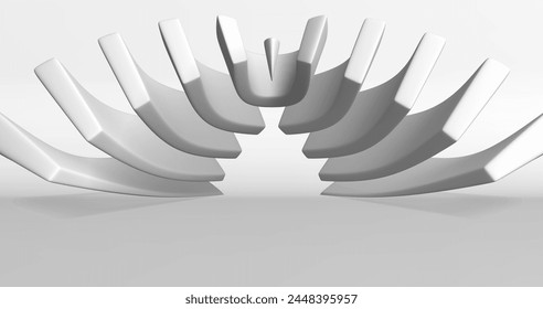Imagen Abstractas en tonos grises de una habitación con objetos geométricos simétricos. Ilustración vectorial.