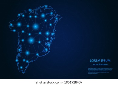 Abstract image Greenland map - With Blue Glow Dots And Lines On Dark Gradient Background, 3D Mesh Polygon Network Connection, Vector Illustration Eps 10.